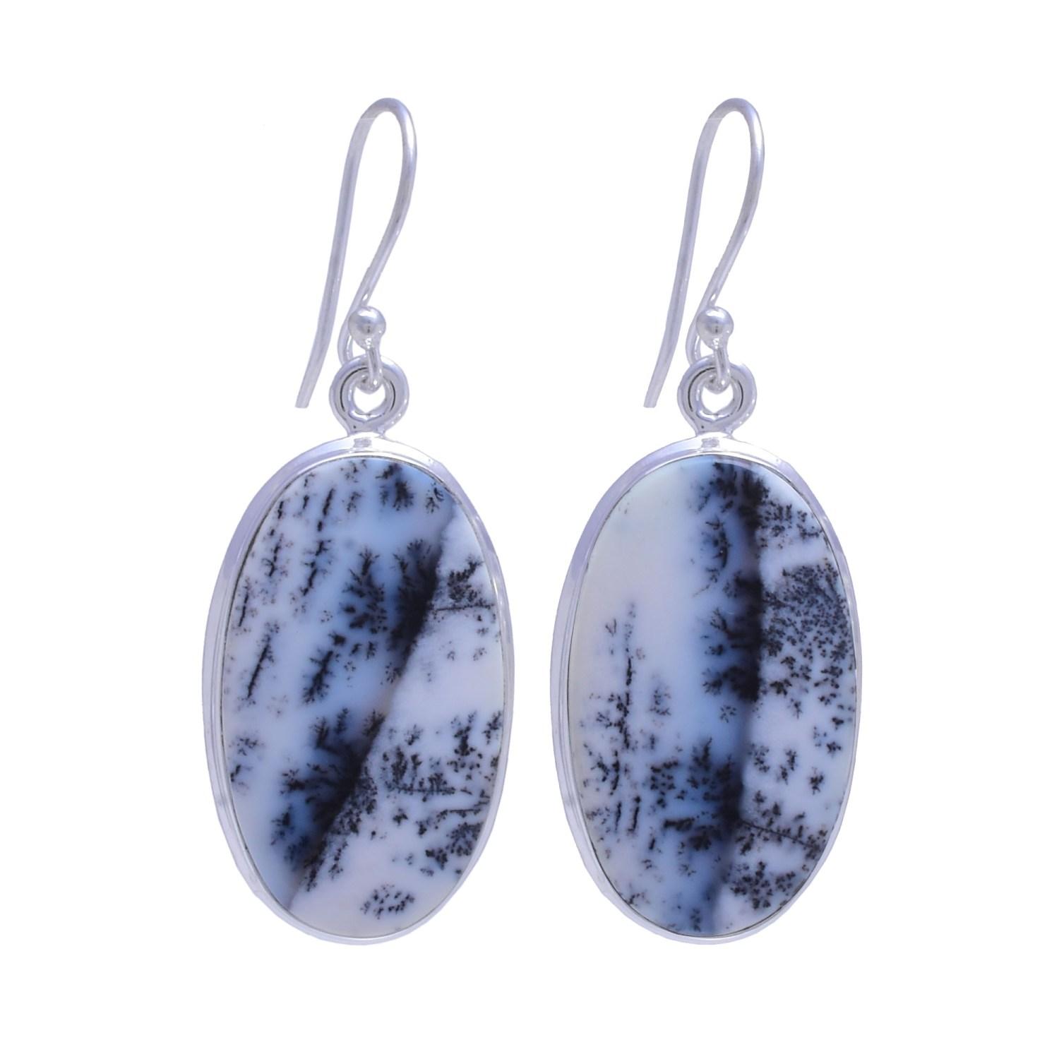 Sterling Silver Oval Dendrite Opal Gemstone Earrings (INDE-355) image