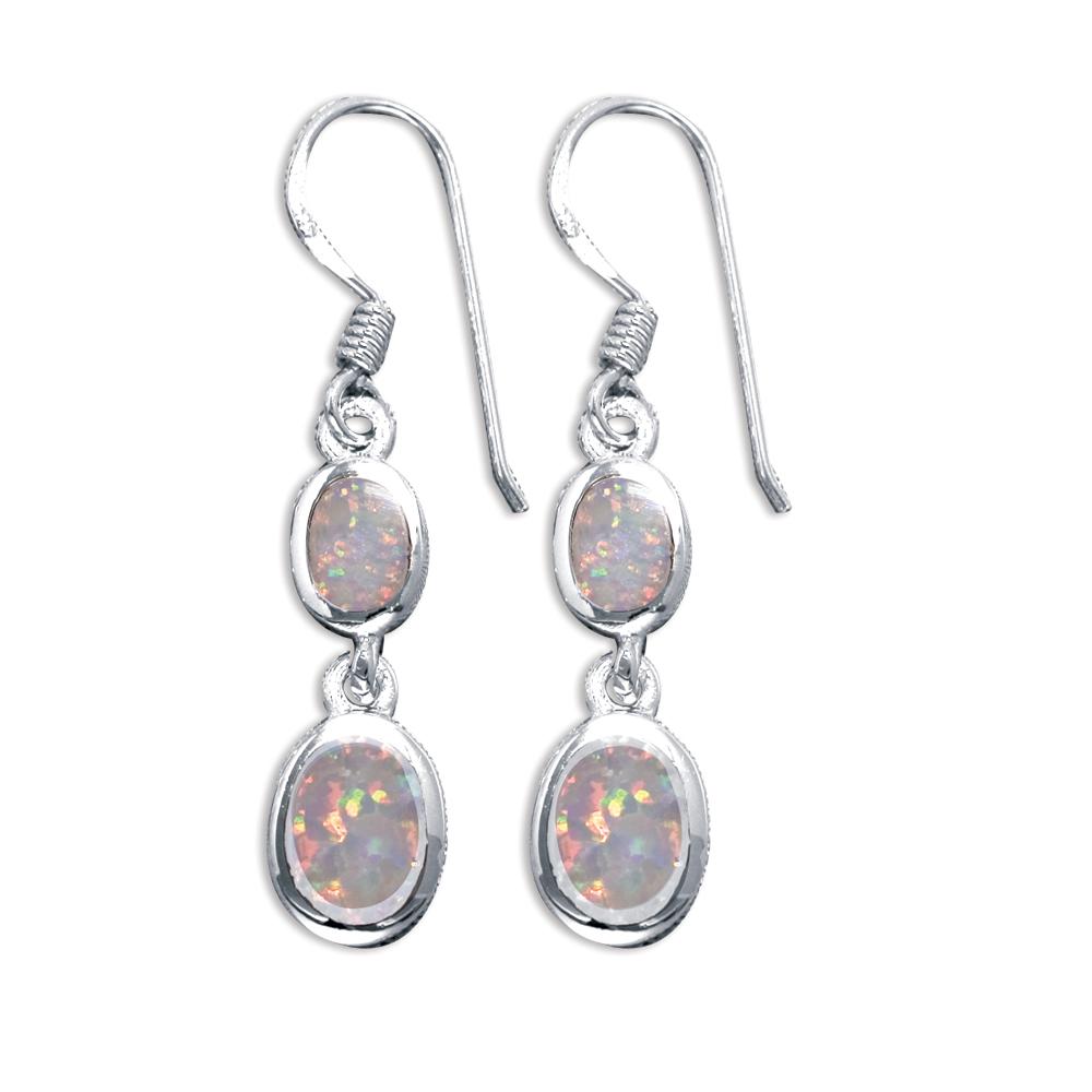 Sterling Silver Blue / White Oval Created Opal Earrings image