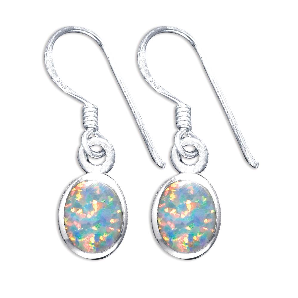 Sterling Silver Blue / White Oval Created Opal Earrings (OE-315) image