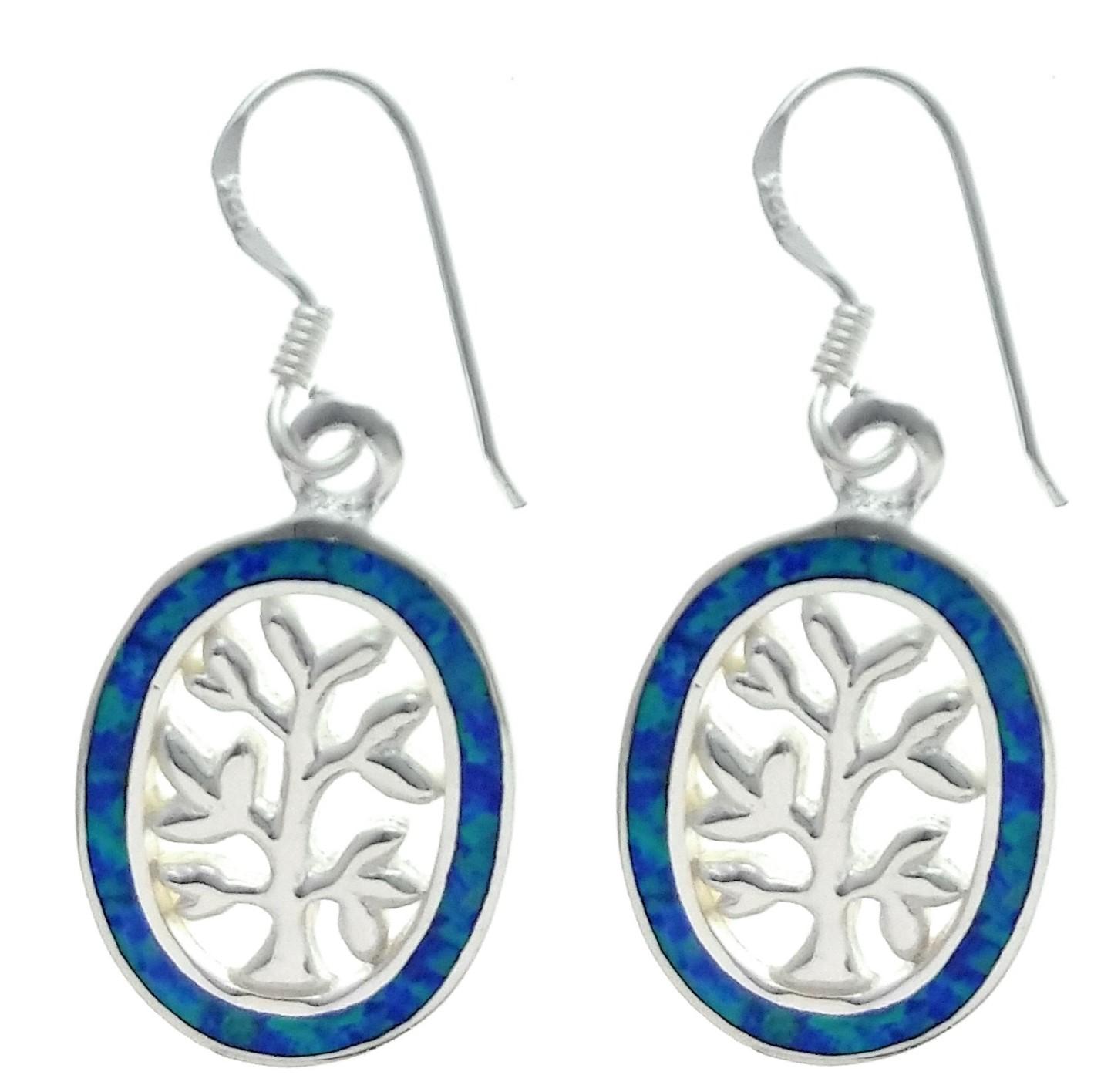 Soe109: Sterling Silver Tree of Life Blue Opal Earrings image