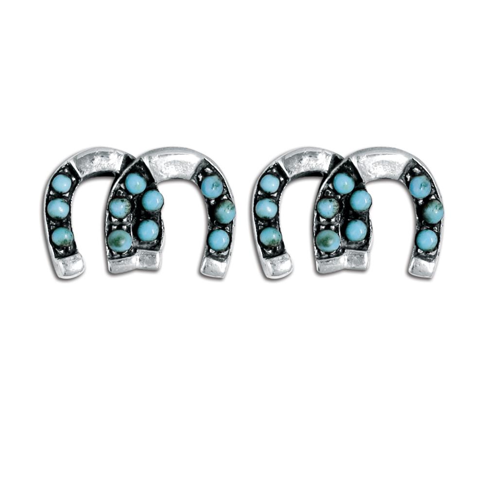 Sterling Silver Horseshoe Stud Earrings with Genuine Turquoise image