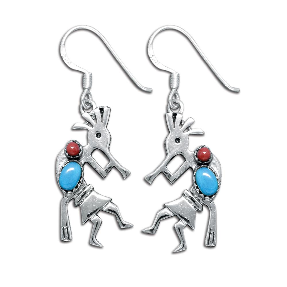 Sterling Silver Kokopelli Earrings with Genuine Turquoise (NWE-1210) image