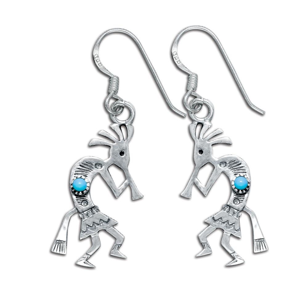 Sterling Silver Kokopelli Earrings with Genuine Turquoise (NWE-1211) image