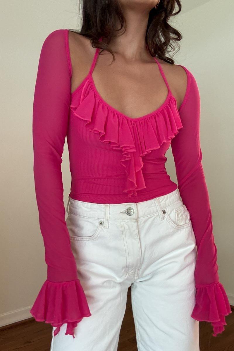 Ruffle Trim Long Sleeve Crop Top (S5196T) image