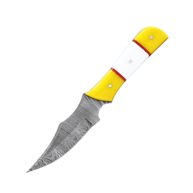 TheBoneEdge 6.5 Inch Yellow & White Resin Handle Damascus Blade Hunting Knife With Sheath