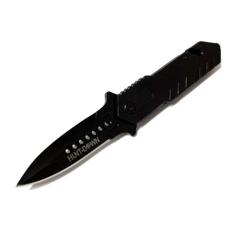 8 1/2 Inch Hunt Down Black Folding Spring Assisted Knife with Belt Clip