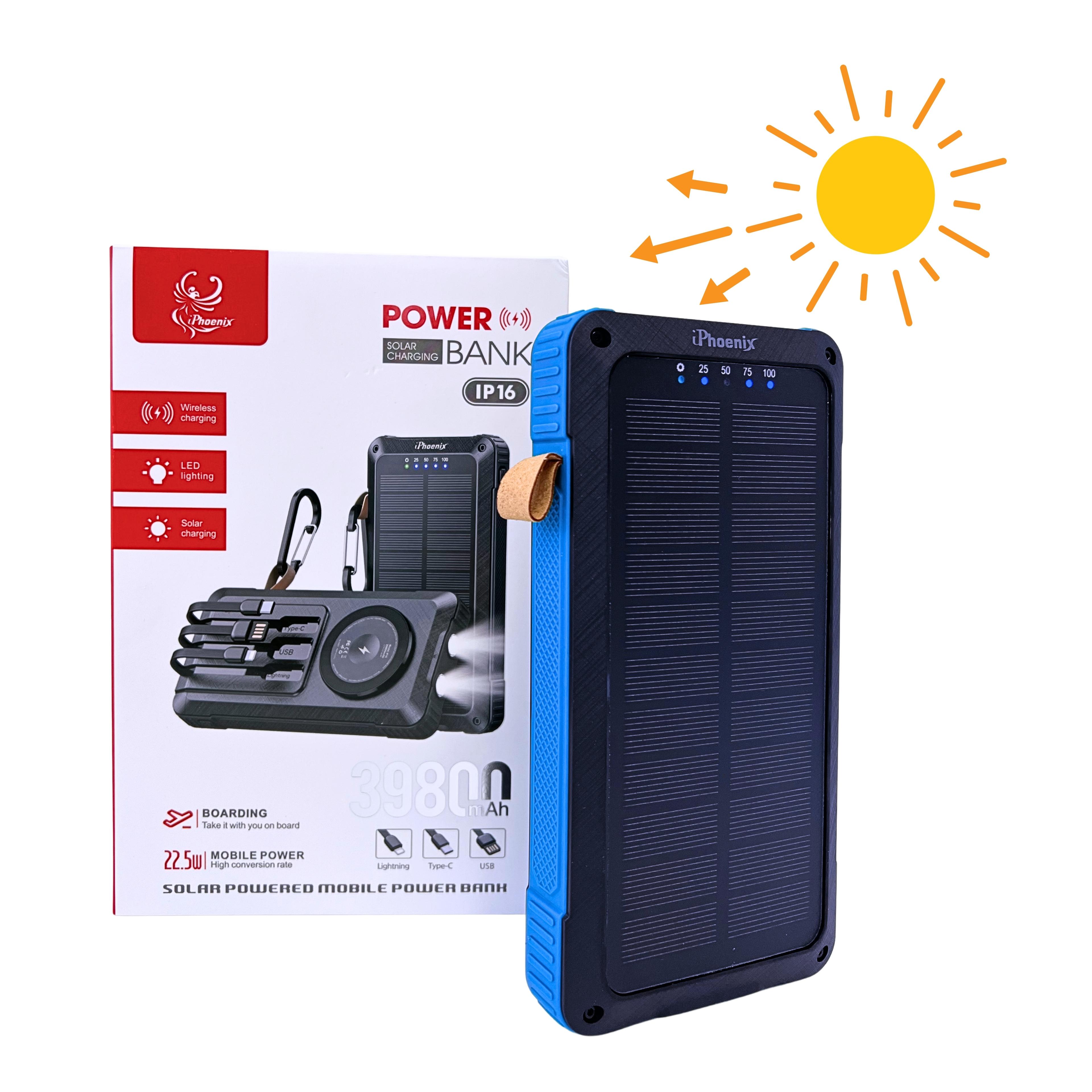 IP-16 Portable Power Bank with 39800mAh Wireless Magnetic Solar Charging Flashlight Stand for Cellphone - Blue image