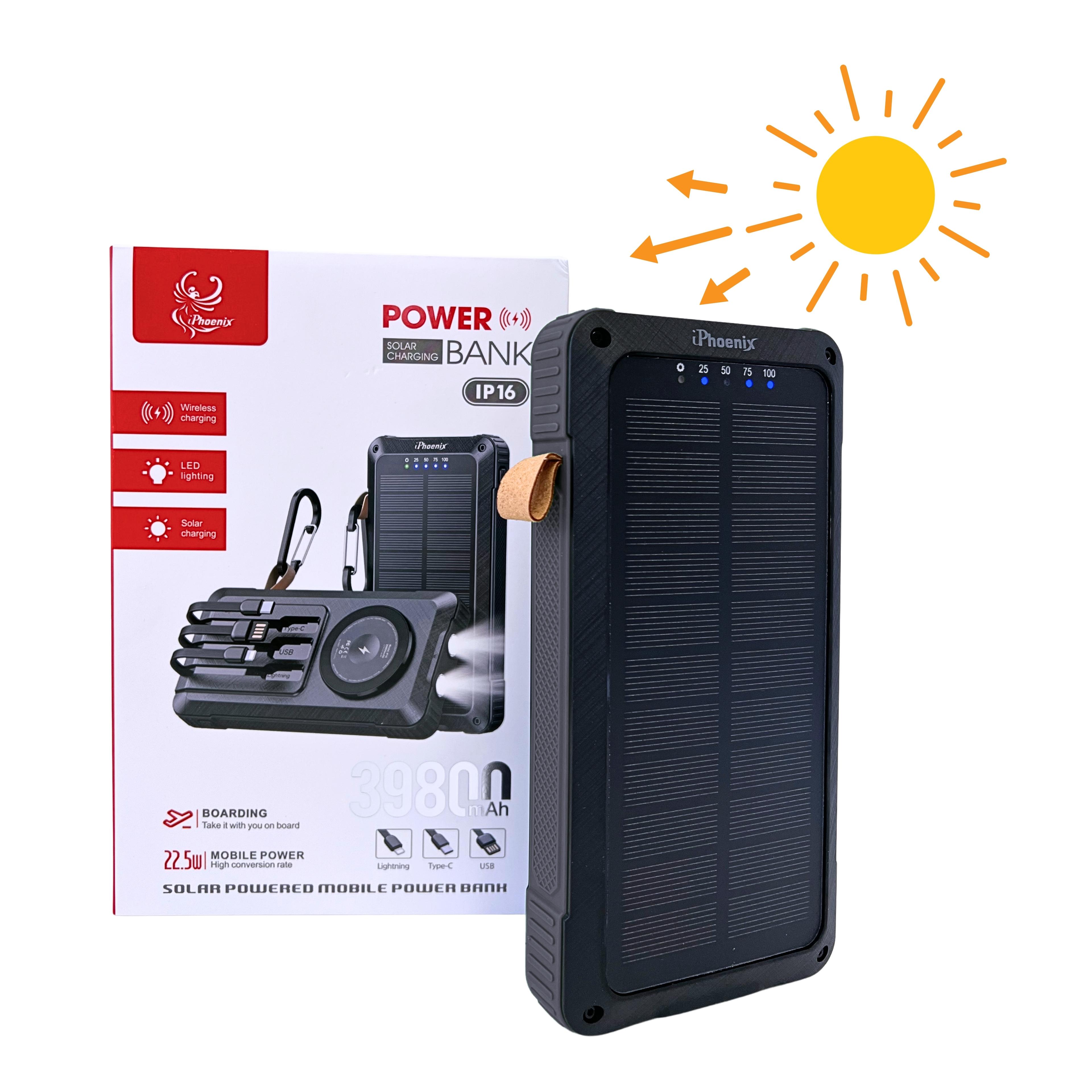 IP-16 Portable Power Bank with 39800mAh Wireless Magnetic Solar Charging Flashlight Stand for Cellphone - Black image