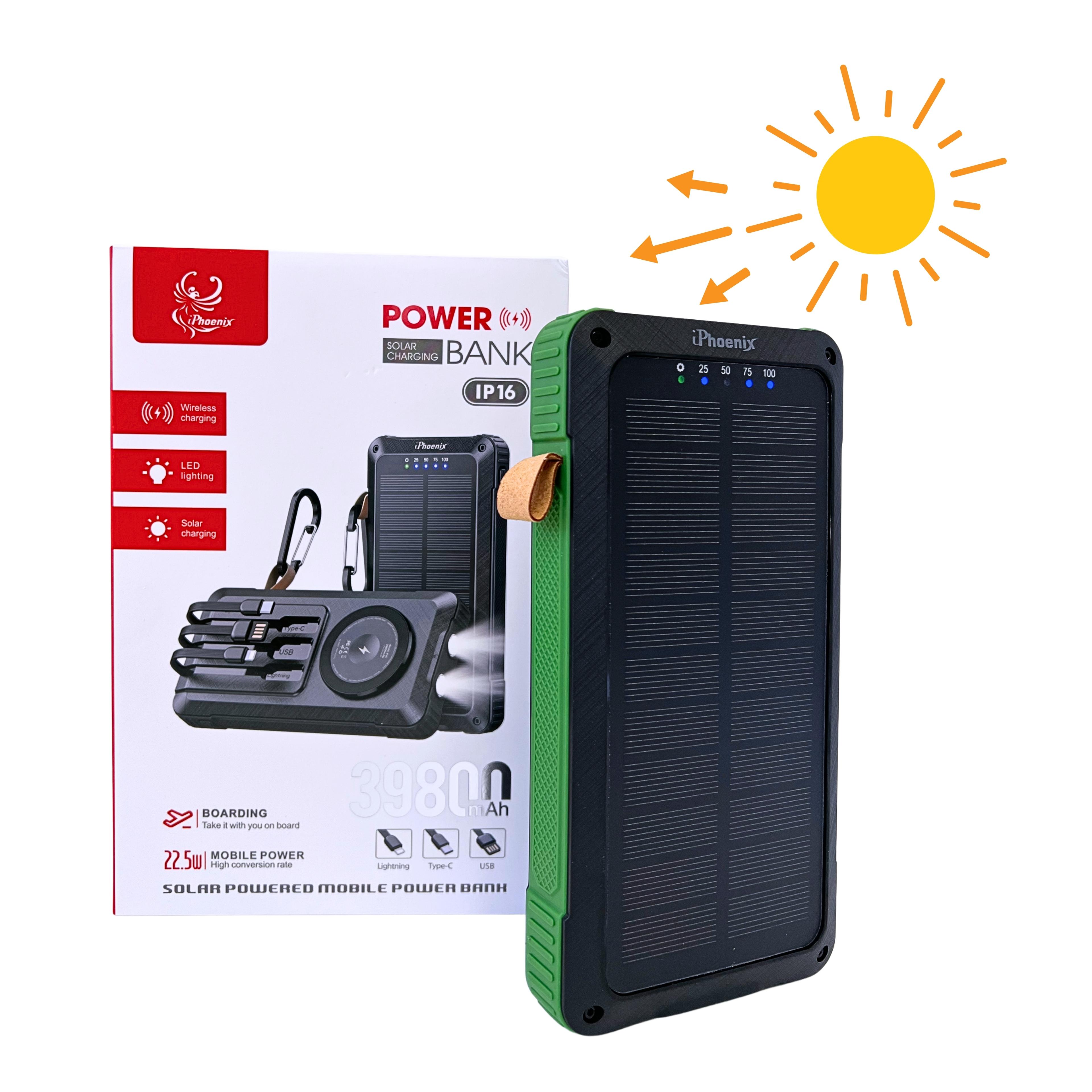 IP-16 Portable Power Bank with 39800mAh Wireless Magnetic Solar Charging Flashlight Stand for Cellphone - Green image