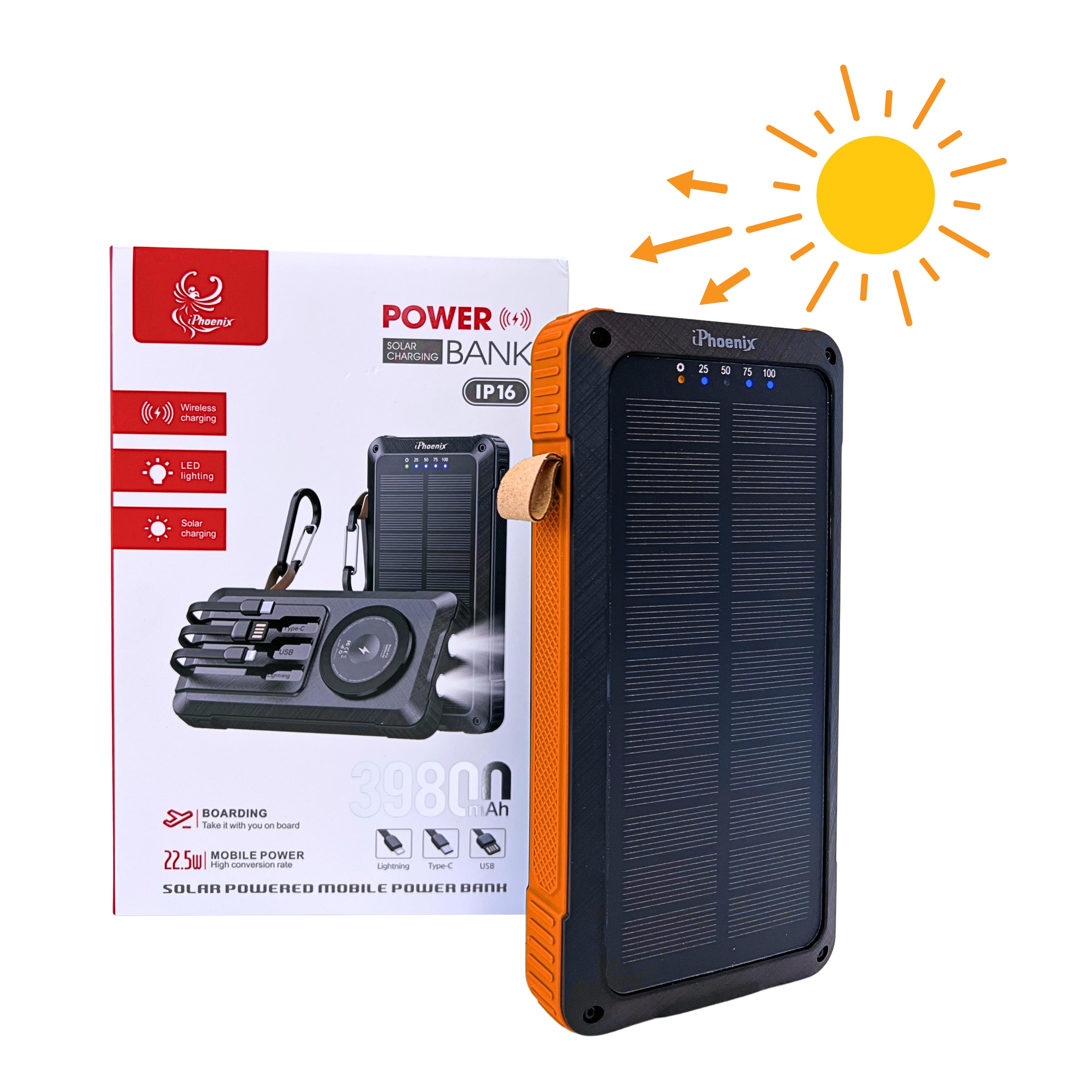 IP-16 Portable Power Bank with 39800mAh Wireless Magnetic Solar Charging Flashlight Stand for Cellphone - Orange image