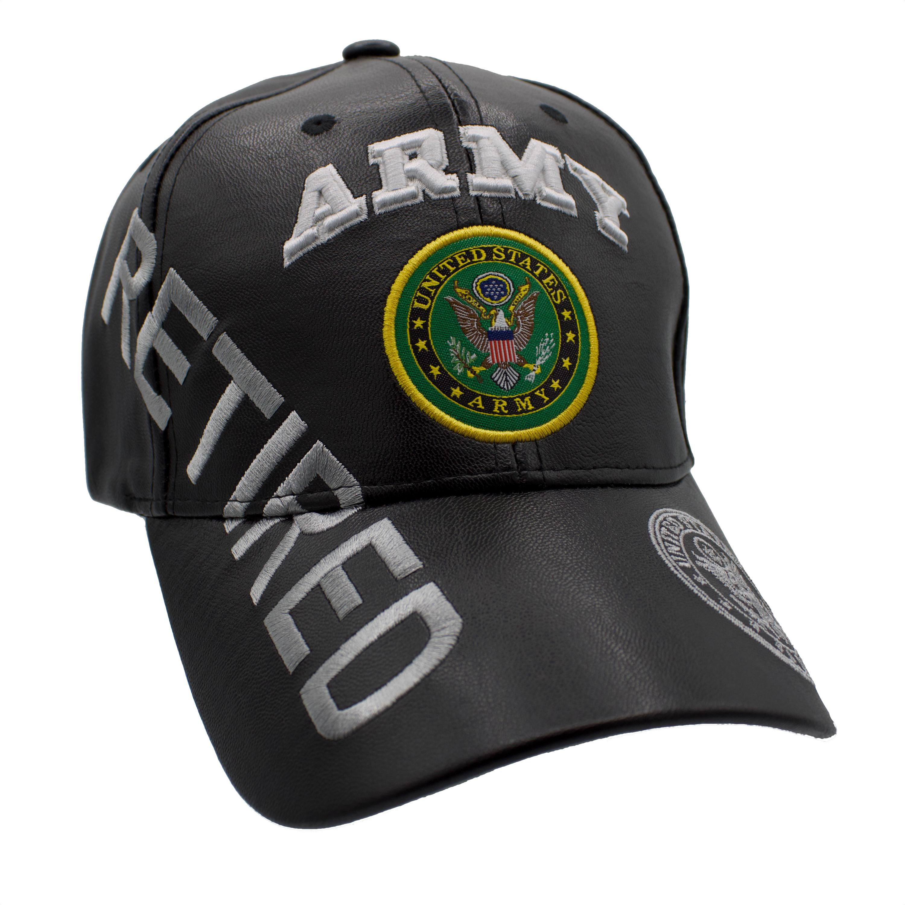 Army Emblem w/ Big Retired PU Leather Cap - Black
