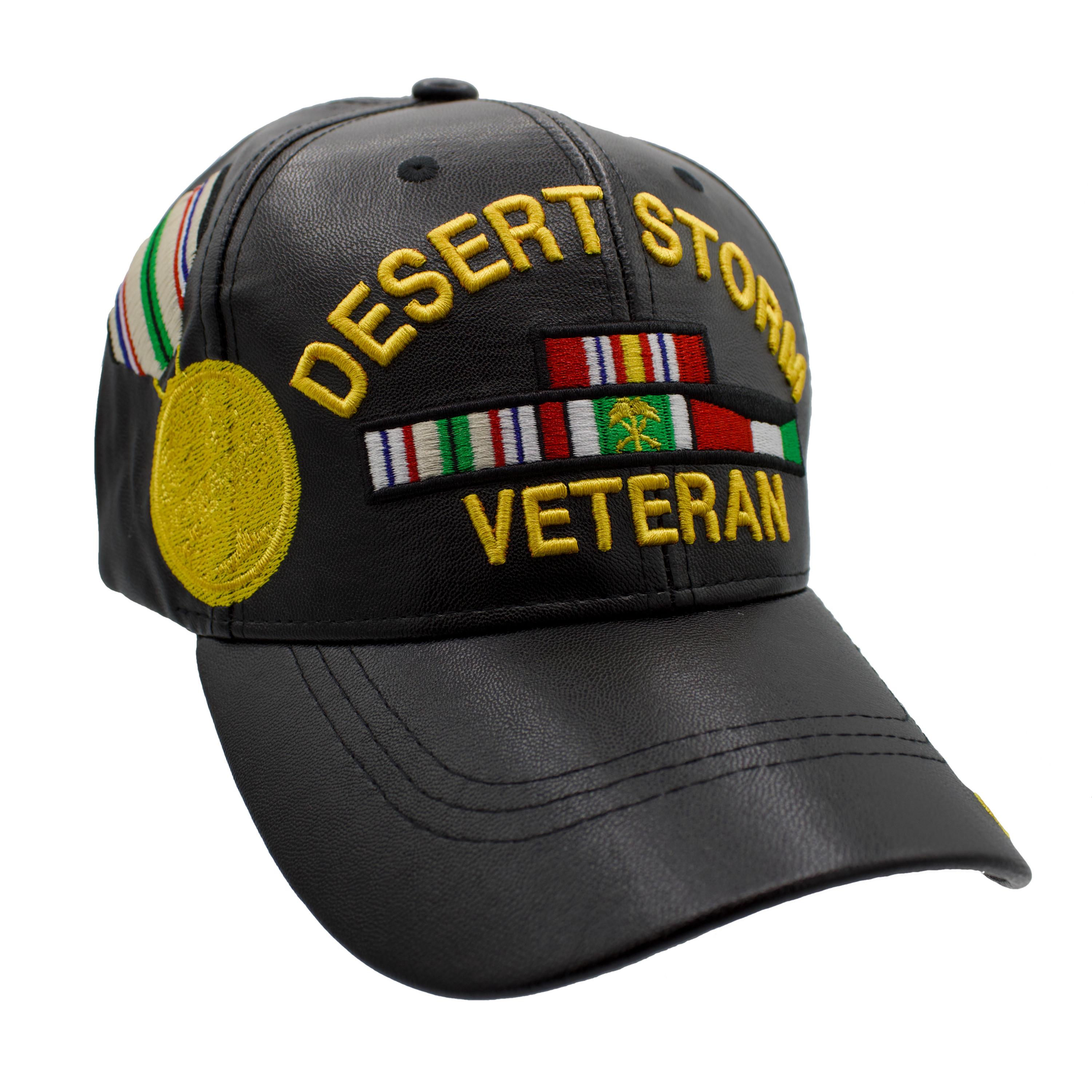 Desert Storm Veteran Arch Medal PU Leather Cap - Black