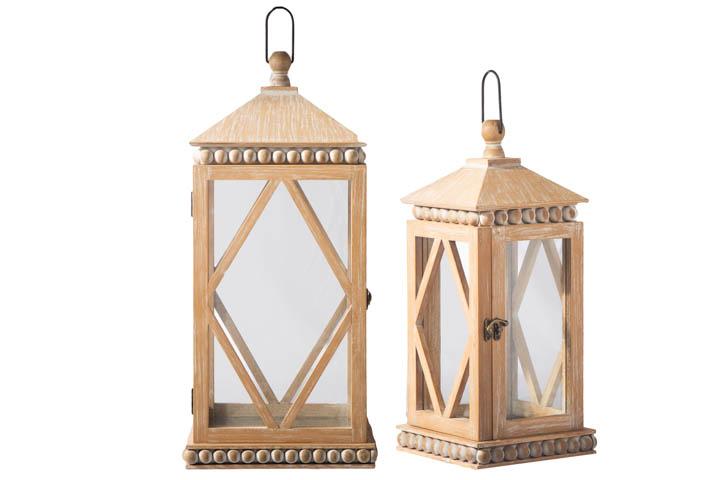 WOODEN LANTERNS W/ BEADED DETAIL S/2, 10.5x10.5x21.5", 7.25x7.25x16.5"