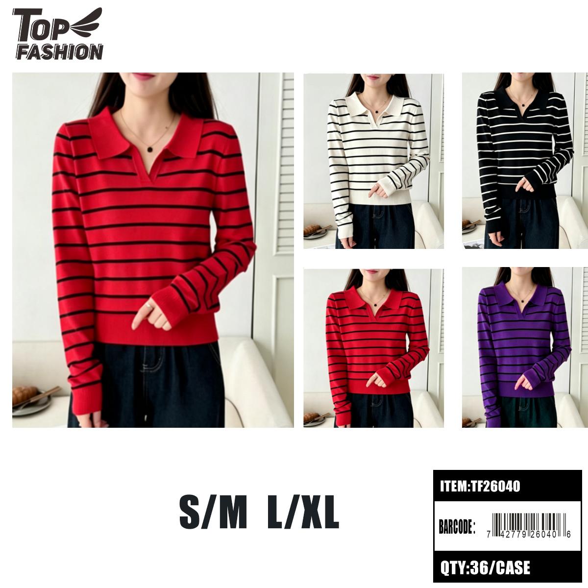 WOMENS STRIPED COLLARED KNIT TOP 4CLR 12PC/3DZ/CS image