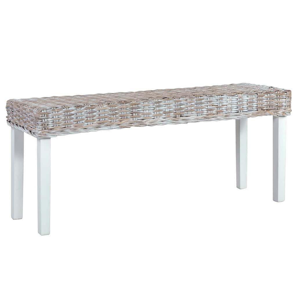 vidaXL Bench 43.3" White Natural Kubu Rattan and Solid Mahogany Wood image