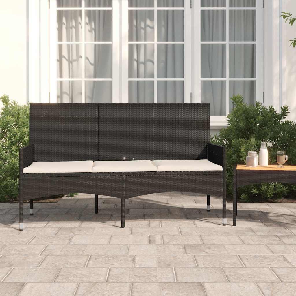 vidaXL 3-Seater Patio Bench with Cushions Black Poly Rattan image