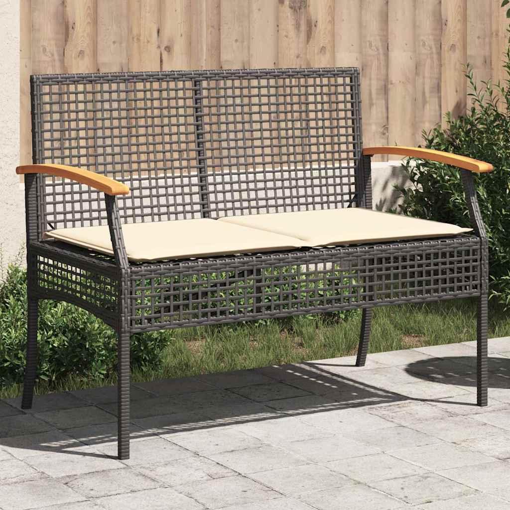 vidaXL Patio Bench with Cushion Black Poly Rattan Acacia Wood image