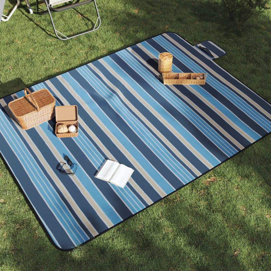 vidaXL Picnic Blanket Foldable Blue and White Stripe 78.7"x59.1" Velvet image