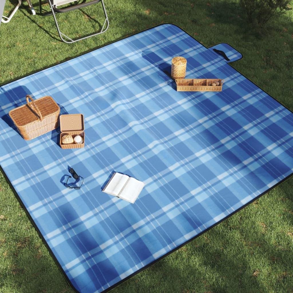 vidaXL Picnic Blanket Foldable Blue Plaid 78.7"x78.7" Velvet image