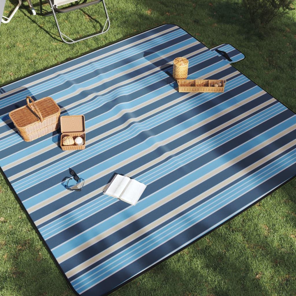 vidaXL Picnic Blanket Foldable Blue and White Stripe 78.7"x78.7" Velvet image