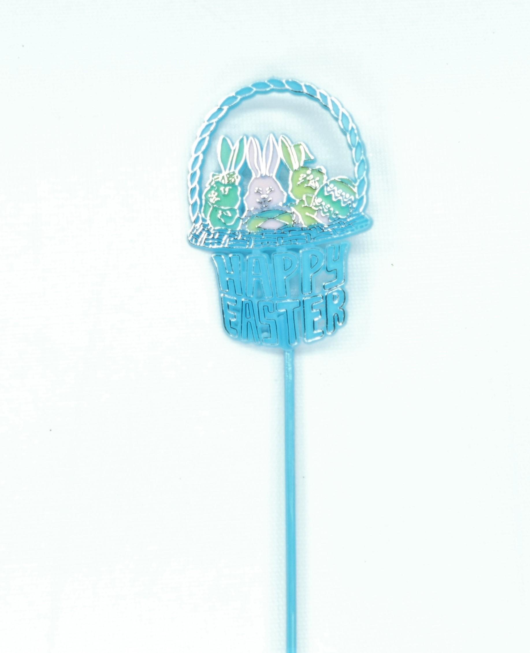 Happy Easter Basket With 3 Rabbits Pick, Sign, Cake Topper - Blue With Silver High Lights (Lot of 12) SALE ITEM image