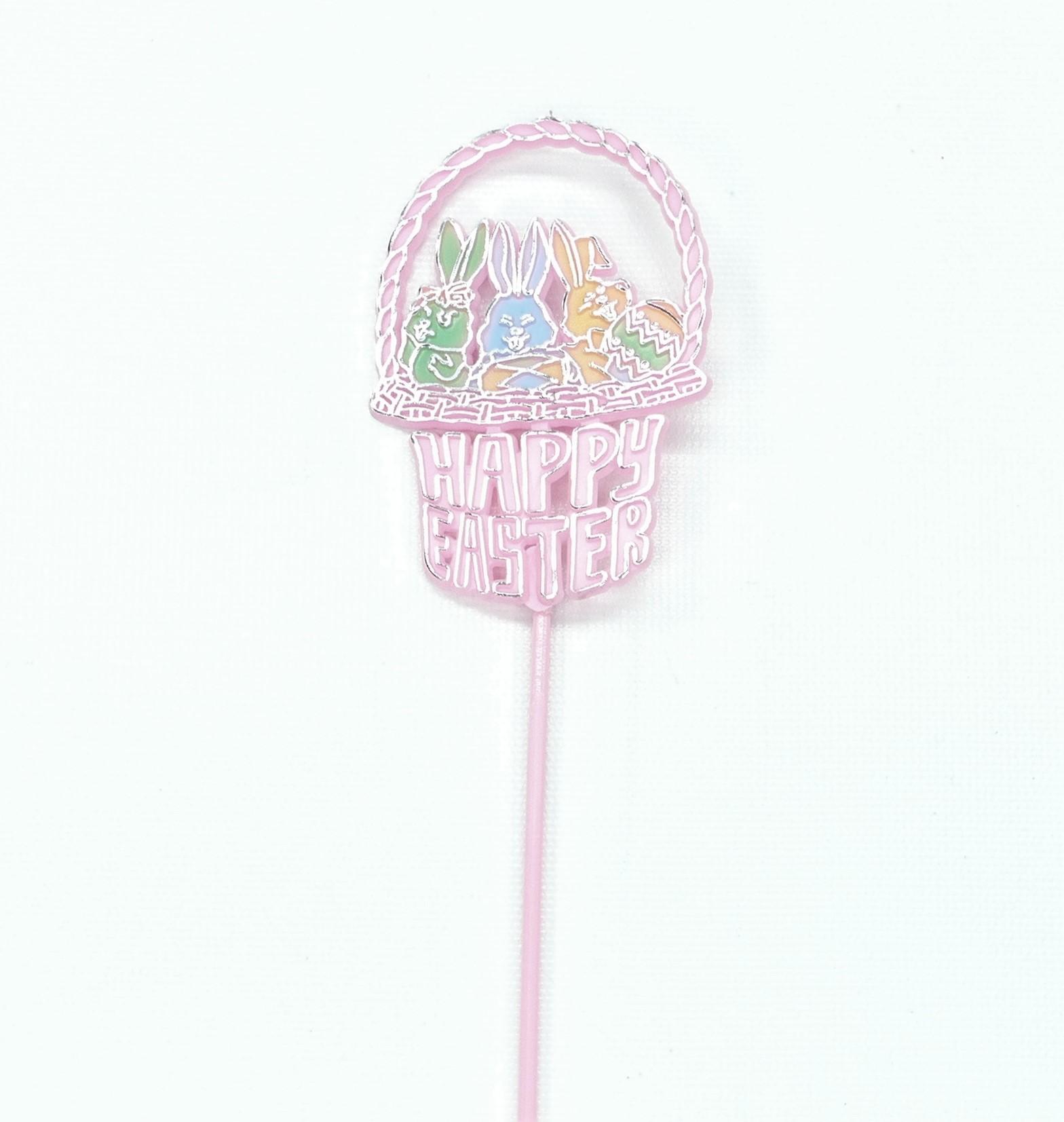 Happy Easter Basket With 3 Rabbits Pick, Sign, Cake Topper - Pink With Silver High Lights (Lot of 12) SALE ITEM image