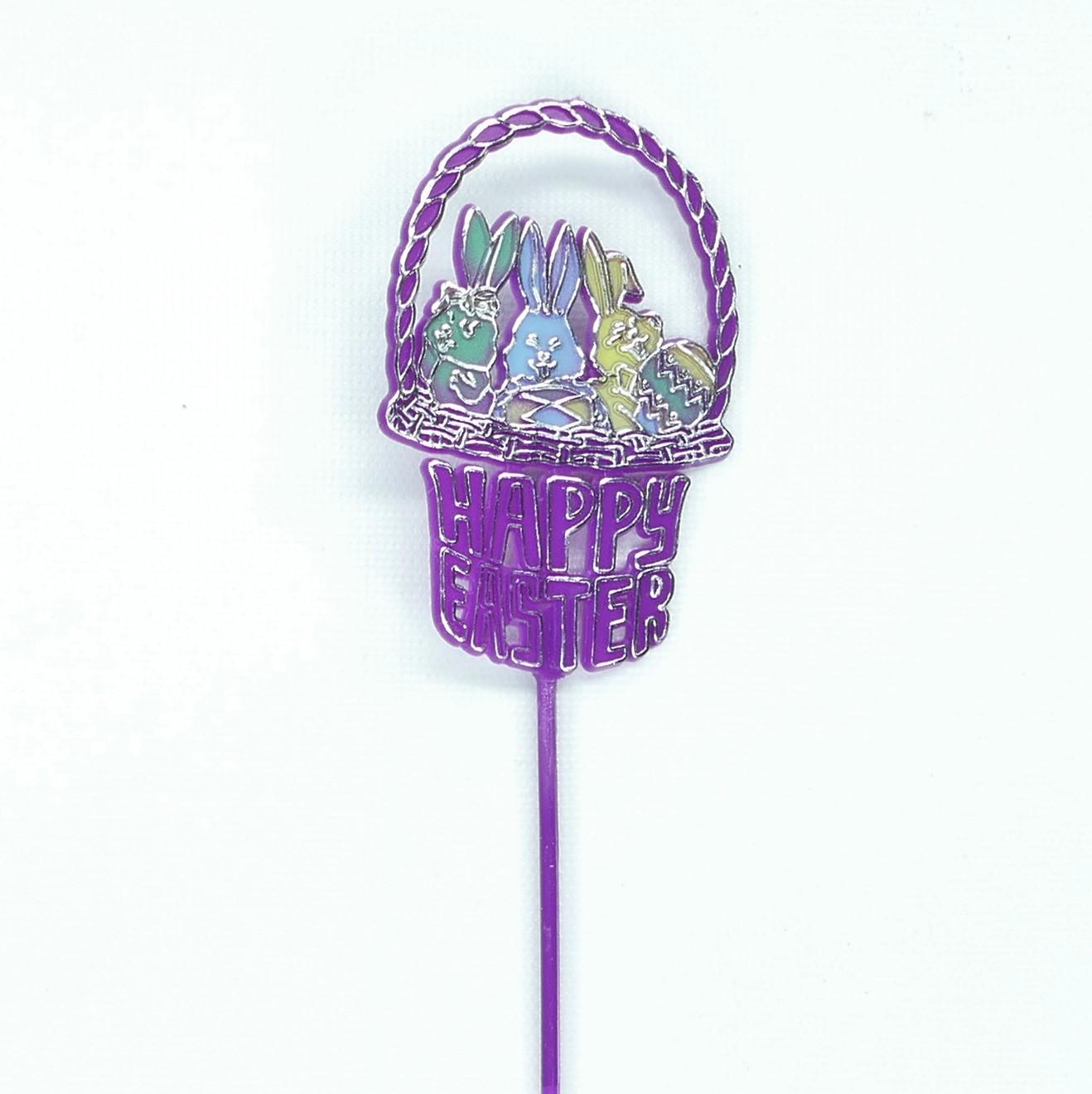 Happy Easter Basket With 3 Rabbits Pick, Sign, Cake Topper - Purple With Silver Highlights (Lot of 12) SALE ITEM image