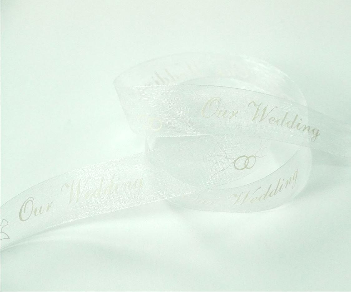 White Organza Ribbon Printed w/ White Doves 'Our Wedding', 7/8 Inch x 25 Yards (1 Spool) SALE ITEM image