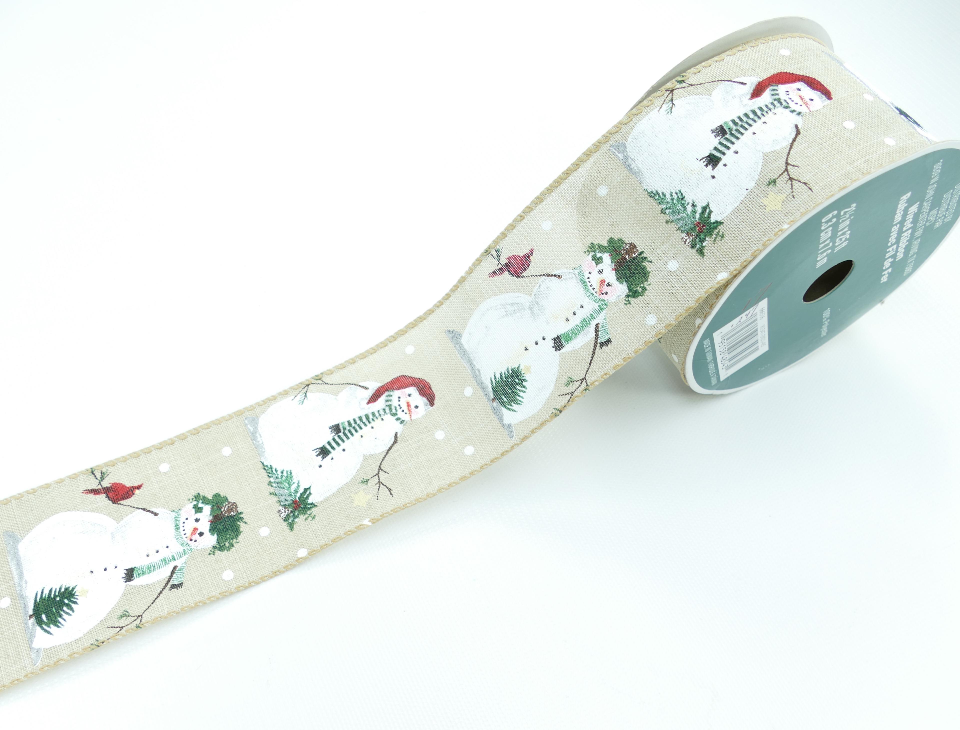 2.5 Inch Natural Wired Christmas Ribbon With Snowmen, 25 Ft (Lot of 1 Spool) SALE ITEM image