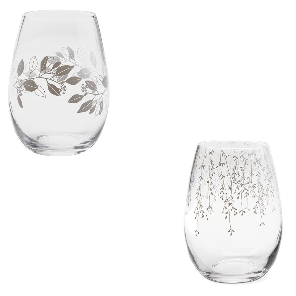 Tag White Leaf & Vine Stemless Wine Glass 16oz 2 Asst 3.65"Dx4.8"H image