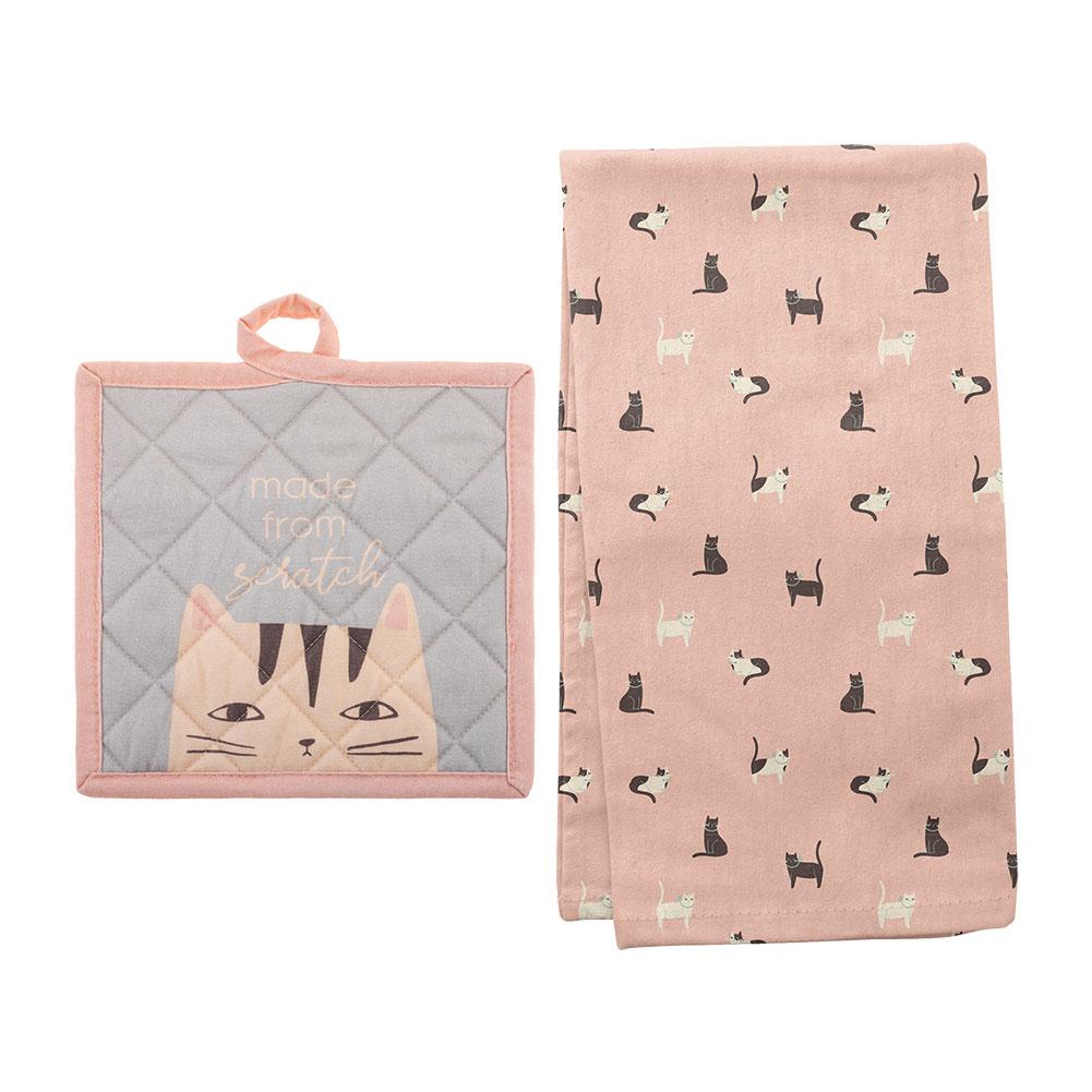 Karma Pot Holder & Tea Towel Set Cat Cotton/Polyester, Cotton 8"x8", 18"x28"