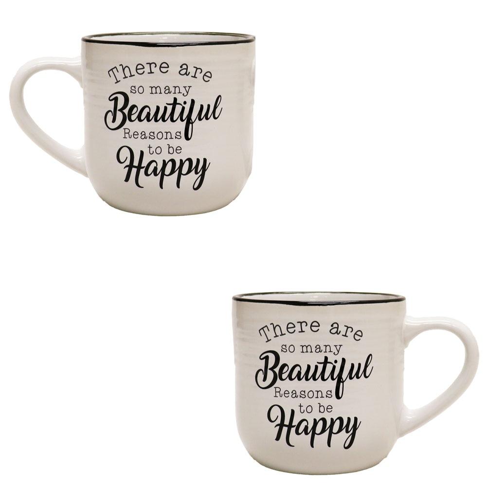 Ceramic White & Black Double Sided Beautiful/Happy Mug 5.5"x3.8"x3.75"H image