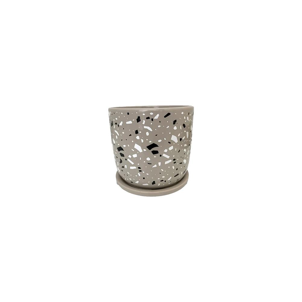Border Concepts 6"Dx6"H Terrazzo Speckle Planter, Attached Saucer, Grey, 120cs/Pallet