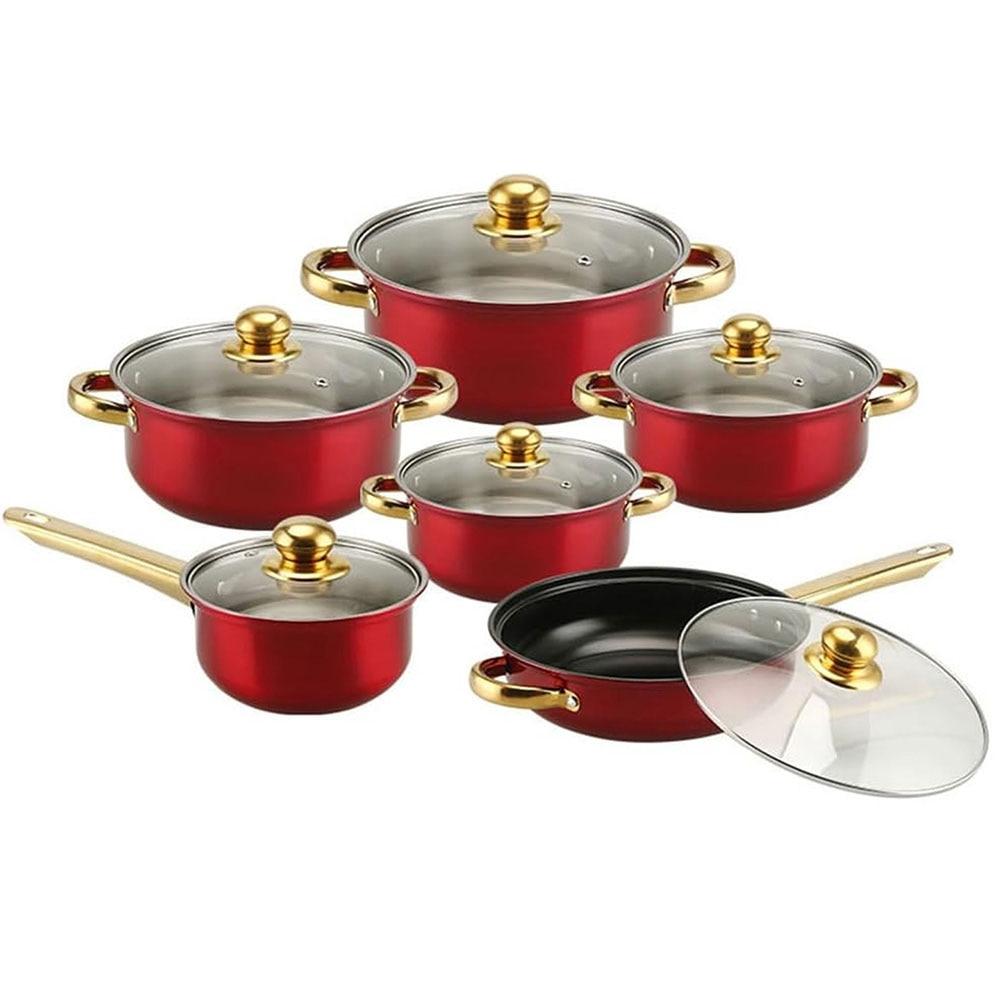 12pc Red Cookware Set, SS Pots, Non Stick Pan, 9.8", 8.6", 8", 7", 6.5", 9.8" Diameters image