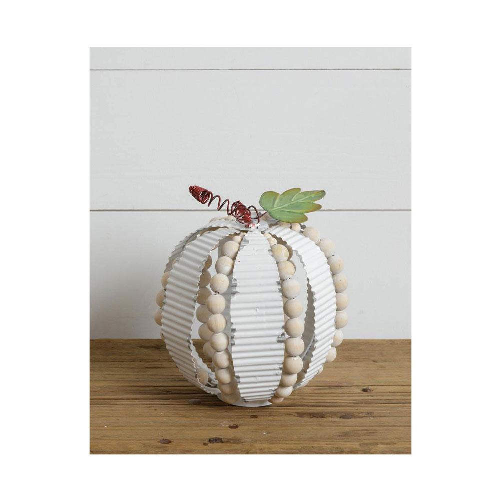 Audrey's Corrugated Metal/Wood Bead White Pumpkin Decor Small 6."Dx7.5"H image