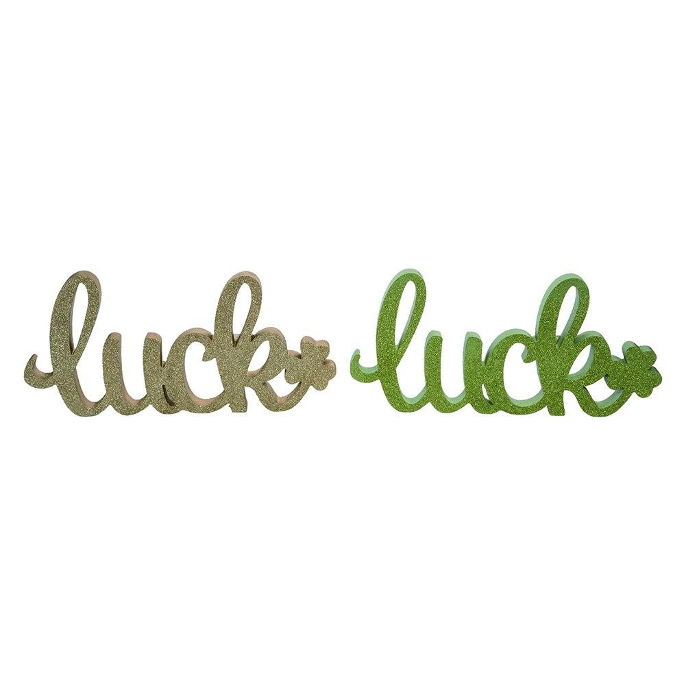 Transpac MDF Glitter Gold/Green Luck Sign Decor, 2 Asst. 15.59"x0.98"x7.44"H image