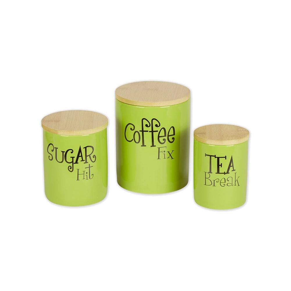 SET/3 DII Ceramic Canisters Avocado Color, Coffee, Sugar, Tea, 3"x4", 4"x4.5", 4.5"x5.5"H