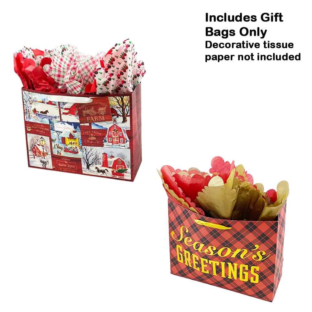 SET/2 Blueink Christmas Gift Bag , The Old Red Barn/Plaid Greetings, Paper, 13"x5"x10"H image