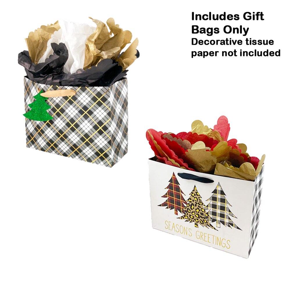SET/2 Blueink Christmas Gift Bag , Leopard Print Trees/Tartan, Paper, 13"x5"x10"H image