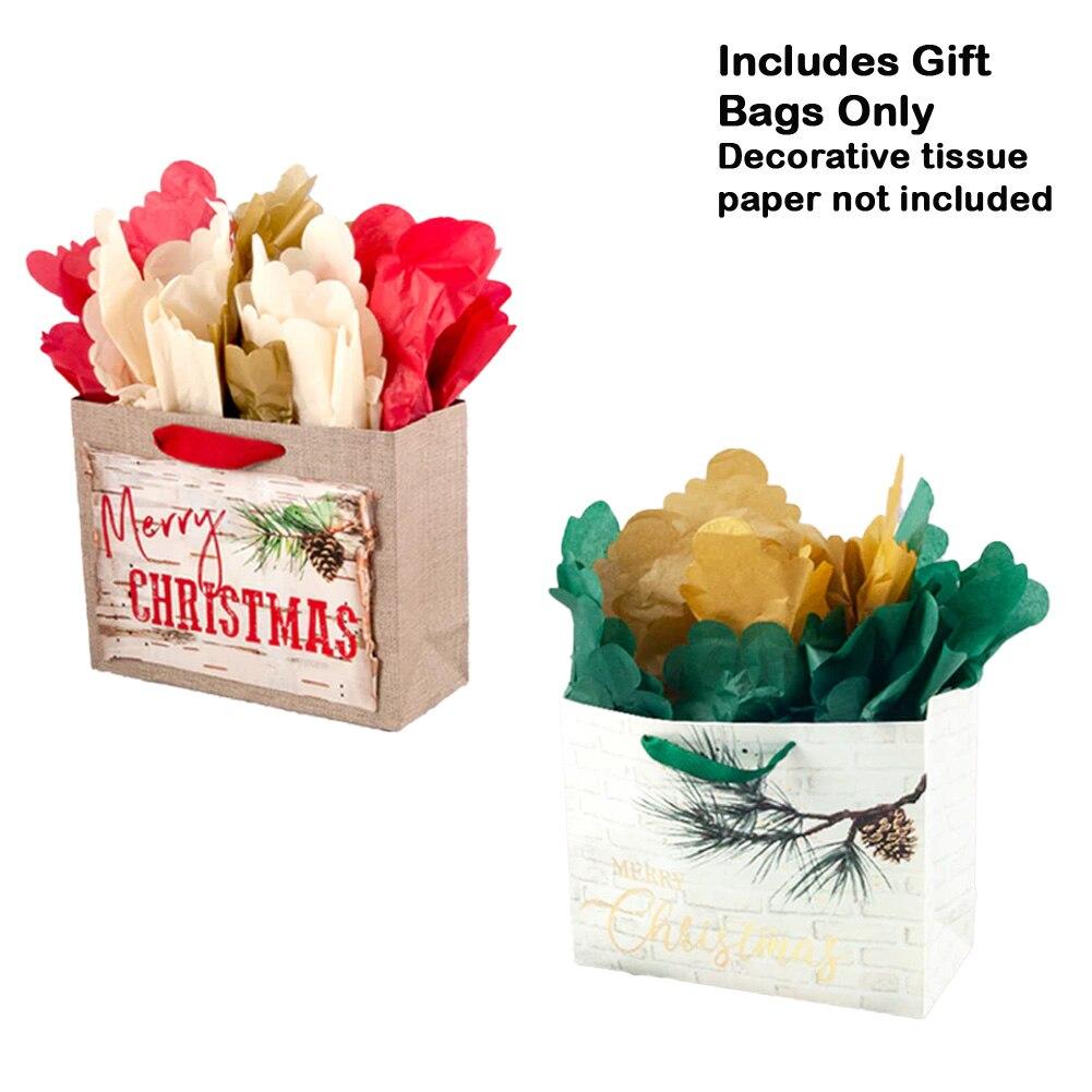 SET/2 Blueink Paper Gift Bags, Birch Bark & Burlap/Rustic Christmas Brick, 13x5x10"H image
