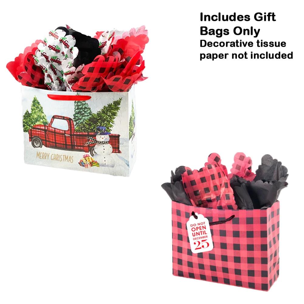 SET/2 Blueink Gift Bag , Plaid Christmas Truck/Plaid Flannel, Paper, 13"x5"x10"H image