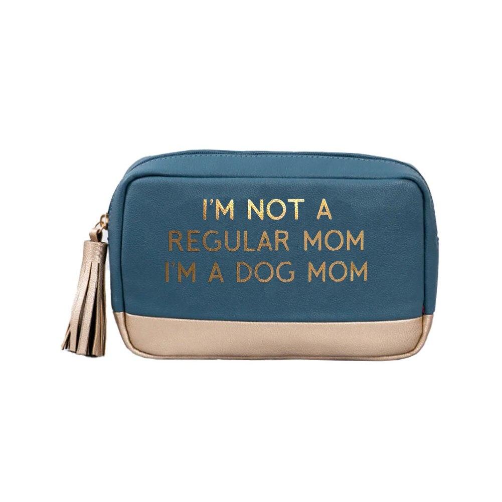 Tate+Zoey Cosmetic Bag Polyurethane, Gold & Blue, I'm A Dog Mom, 9.5"x2.25"x6"H image