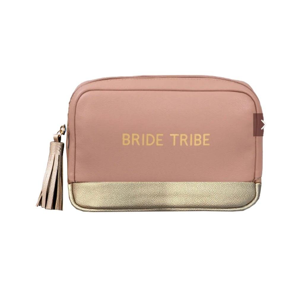 Tate+Zoey Cosmetic Bag Polyurethane, Gold & Pink, Bride Tribe, 9.5"x2.25"x6"H image