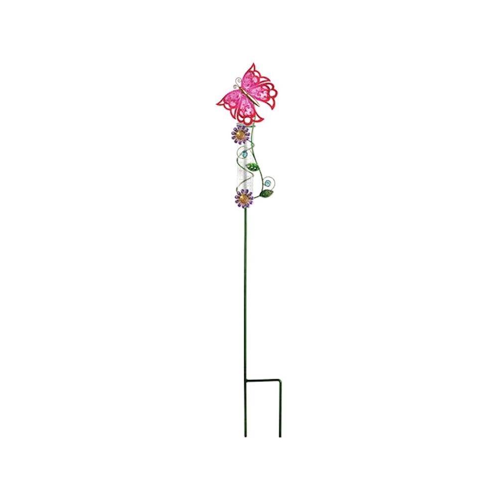 Sunset Vista Butterfly Rain Gauge Garden Stake, Pink, Metal/Glass, 8.75"x43"H