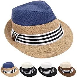 Dozen Wholesale Two Color Straw Trilby Fedora Hats with Striped image