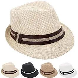 Dozen Wholesale Straw Trilby Fedora Hats with Striped Hatband image