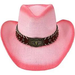 Pink Western Cowboy Hat with Long Horn Bull Laced Edge Band - Dark Shade image