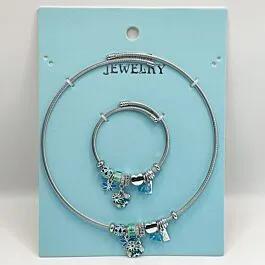 Stainless Steel Charm Necklace and Bracelet Set - Ocean Blue Heart Design image