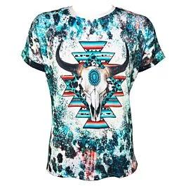 Bull Design Western Graphic Tees - Turquoise and Native Pattern Crew Neck Short Sleeve image