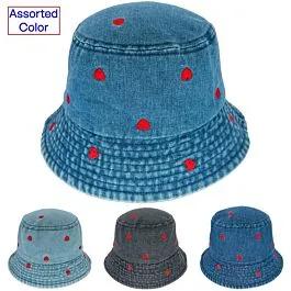 Vintage Denim Bucket Hats with Red Heart Embroidered - Assorted Colors image